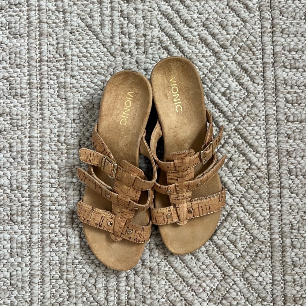 Vionic Cork Wedge Sandals Tan Multi Strap Buckle Gladiator Orthotic Slides 9